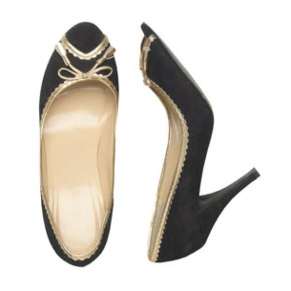 J. Crew Vintage Isabella  Black Suede with Gold Trim Heels Shoes 8.5 - Picture 1 of 13